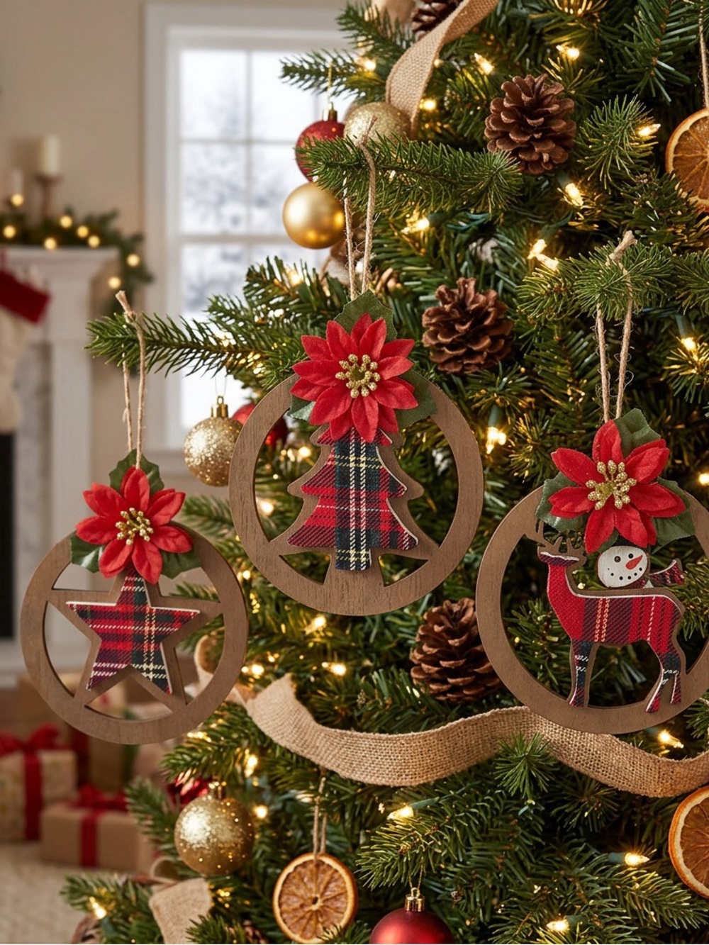 Set of 3 Holiday Plaid Wood Hanging Ornaments - plaid